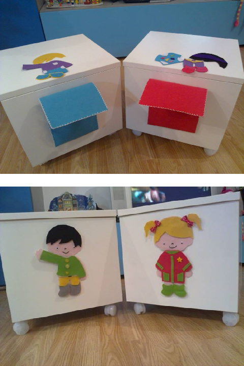 En estas imágenes podéis ver unos taburetes-cajón (la tapa se abre) y además se incorporó con un juego que en este caso son unas muñecas con ropa intercambiable.