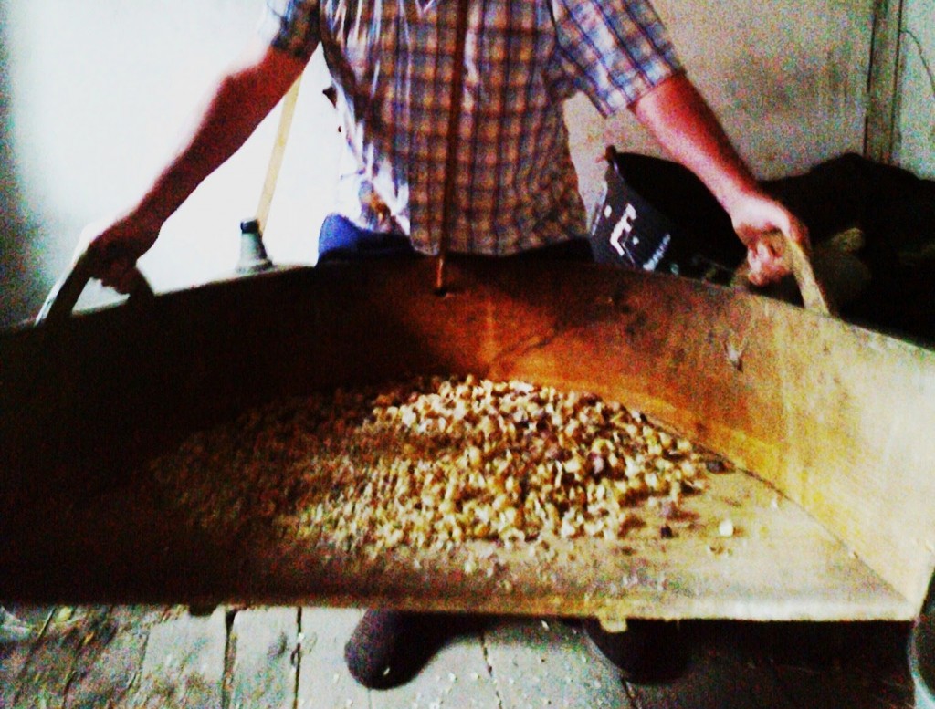 Un vecino de la comarca de Valdeorras sostiene un antiguo utensilio empleado para mover la castaña pelada   para su posterior secado