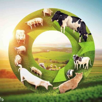 Ciclo de la economía circular aplicado al entorno rural, con prácticas sostenibles y reutilización de recursos.